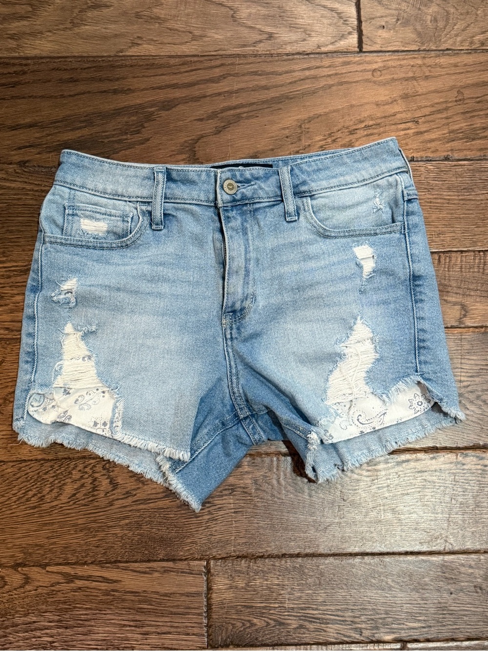 Hollister Light Blue Distressed Denim Shorts with Bandana Insets- Like new